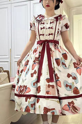 Robe Lolita douce à manches courtes version longue avec imprimé nœud papillon fraise multicolore
